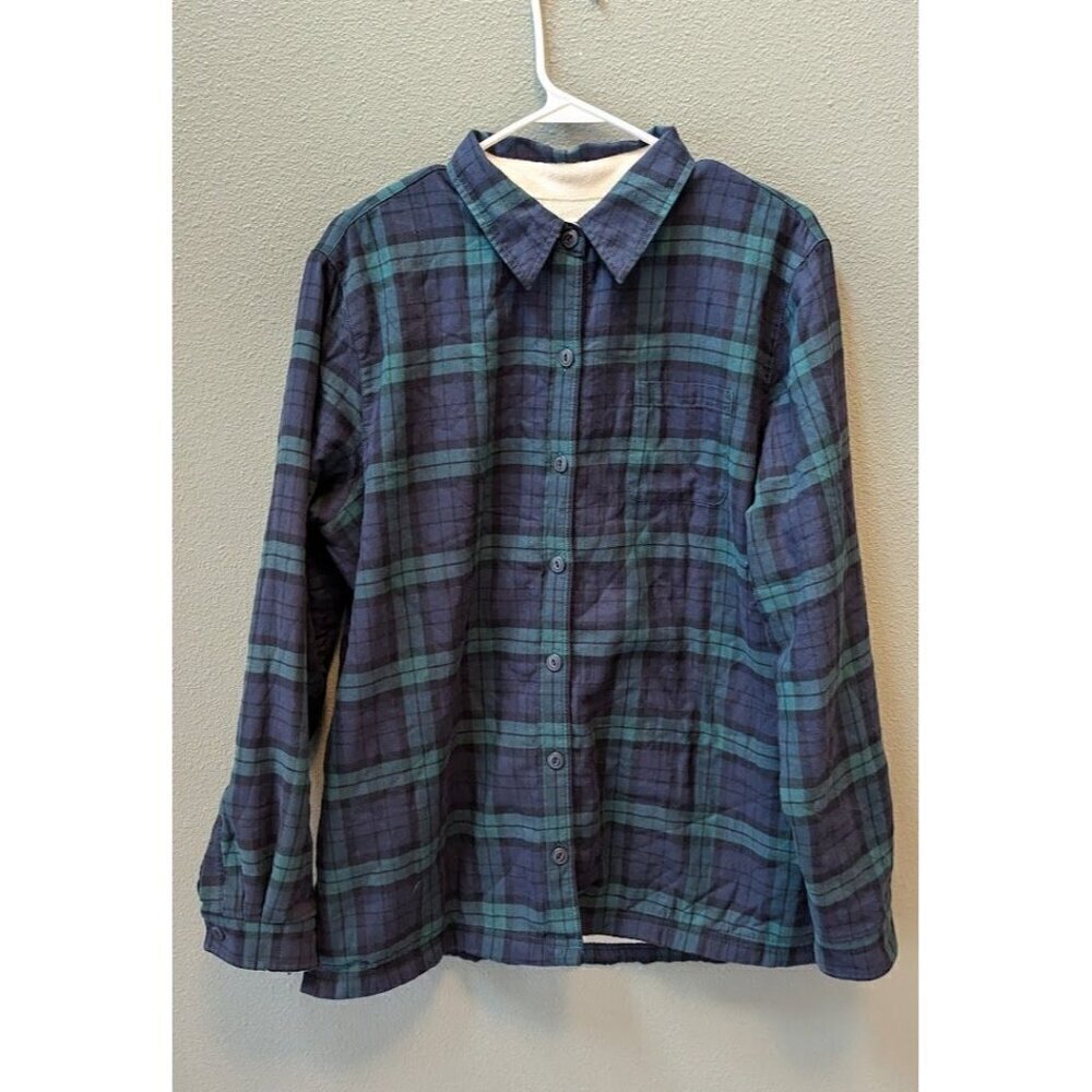 L.L. Bean Flannel Shacket Men's Large Plaid Black Watch Button Sweater
